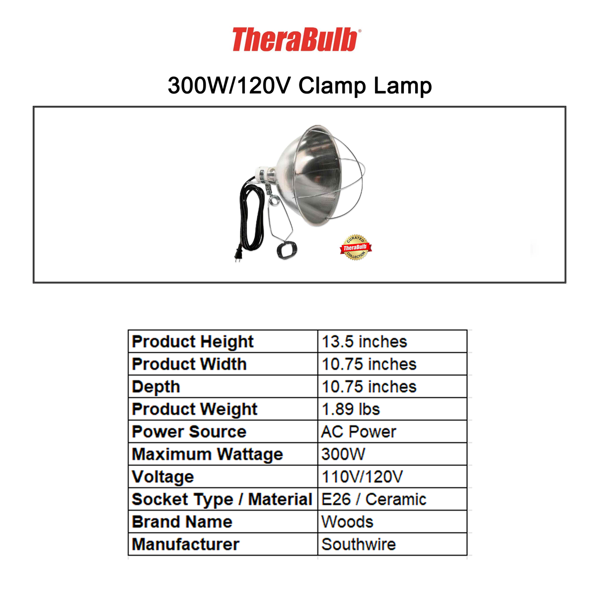 300W Clamp Lamp & TheraBulb 250W Near Infrared Bulb Bundle